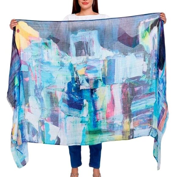 VISMAYA Linen Scarf Rock City Blue Sky Abstract Cotton Large 40"x80" Rectangular - Picture 1 of 7